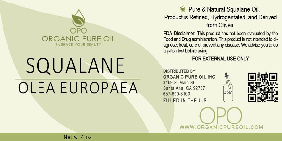 OPO Squalane Oil – Pure Olive-Derived, Vegan, Non-GMO Hydrating Carrier Oil (4 oz Glass & Dropper)