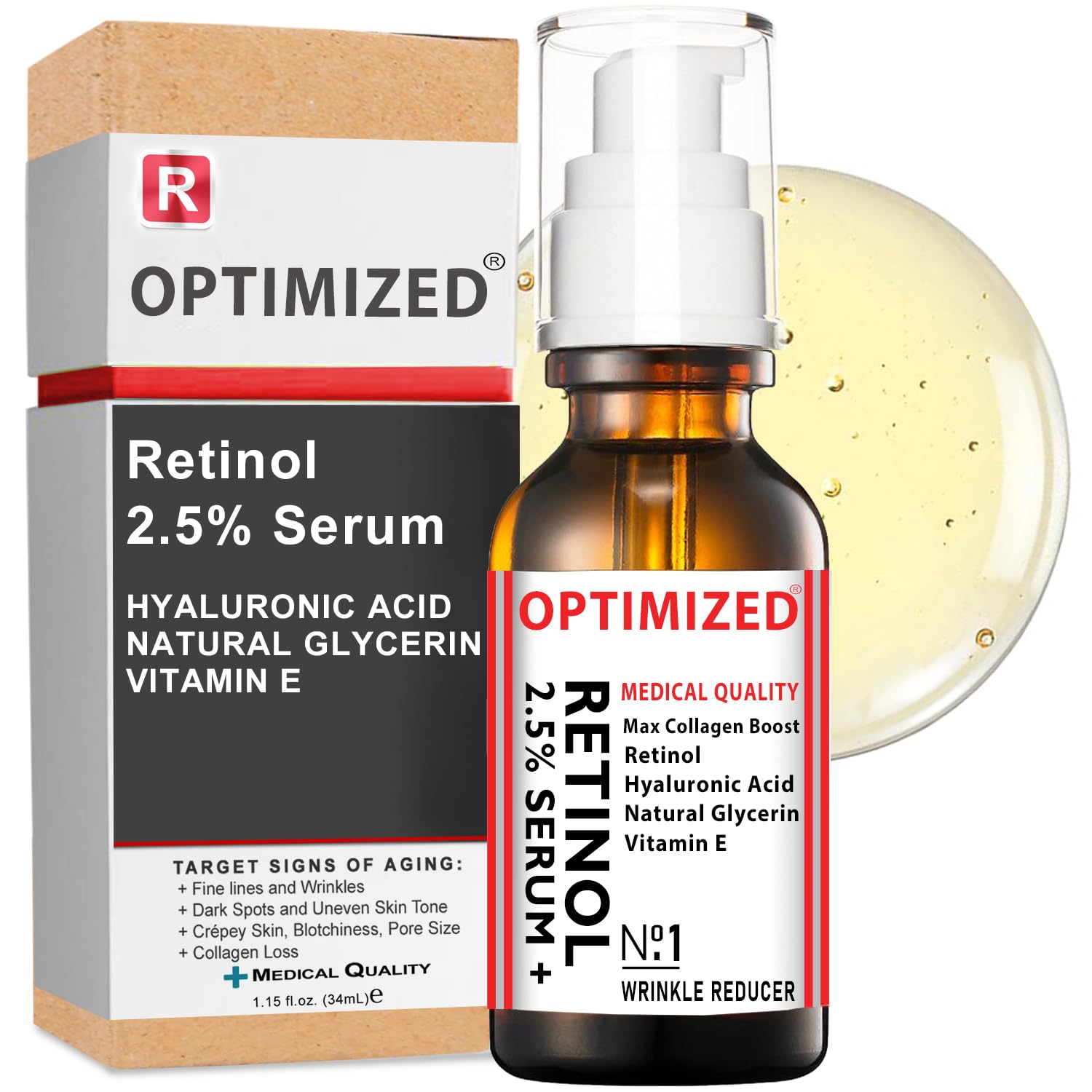 OPTIMIZED Retinol Serum 2.5% with Hyaluronic Acid, Glycerin & Vitamin E – Smooth Fine Lines