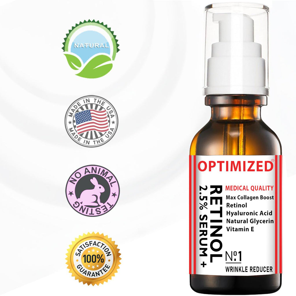 OPTIMIZED Retinol Serum 2.5% with Hyaluronic Acid, Glycerin & Vitamin E – Smooth Fine Lines
