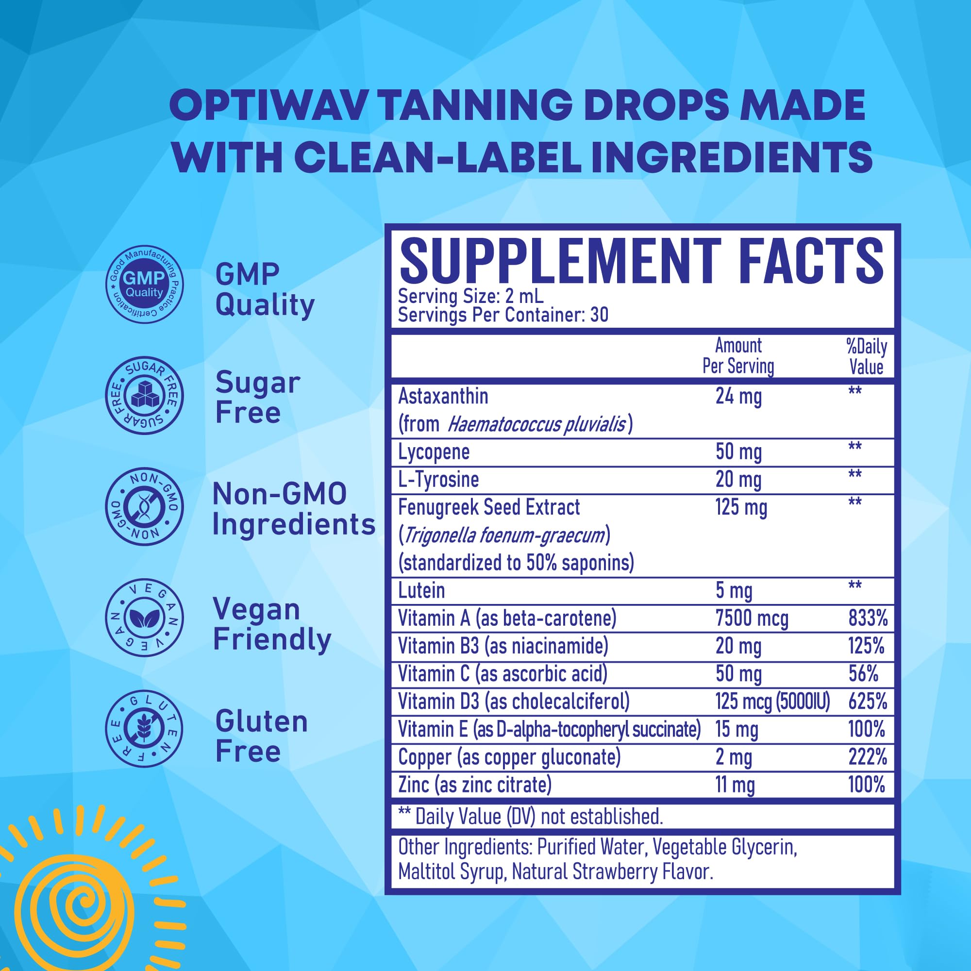 Optiwav Sunless Tanning Drops to Drink – Drinkable Self Tanner for Face & Body (Vegan, Sugar-Free)