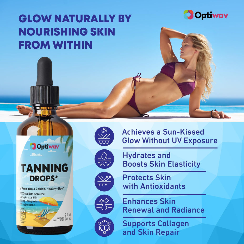 Optiwav Sunless Tanning Drops to Drink – Drinkable Self Tanner for Face & Body (Vegan, Sugar-Free)