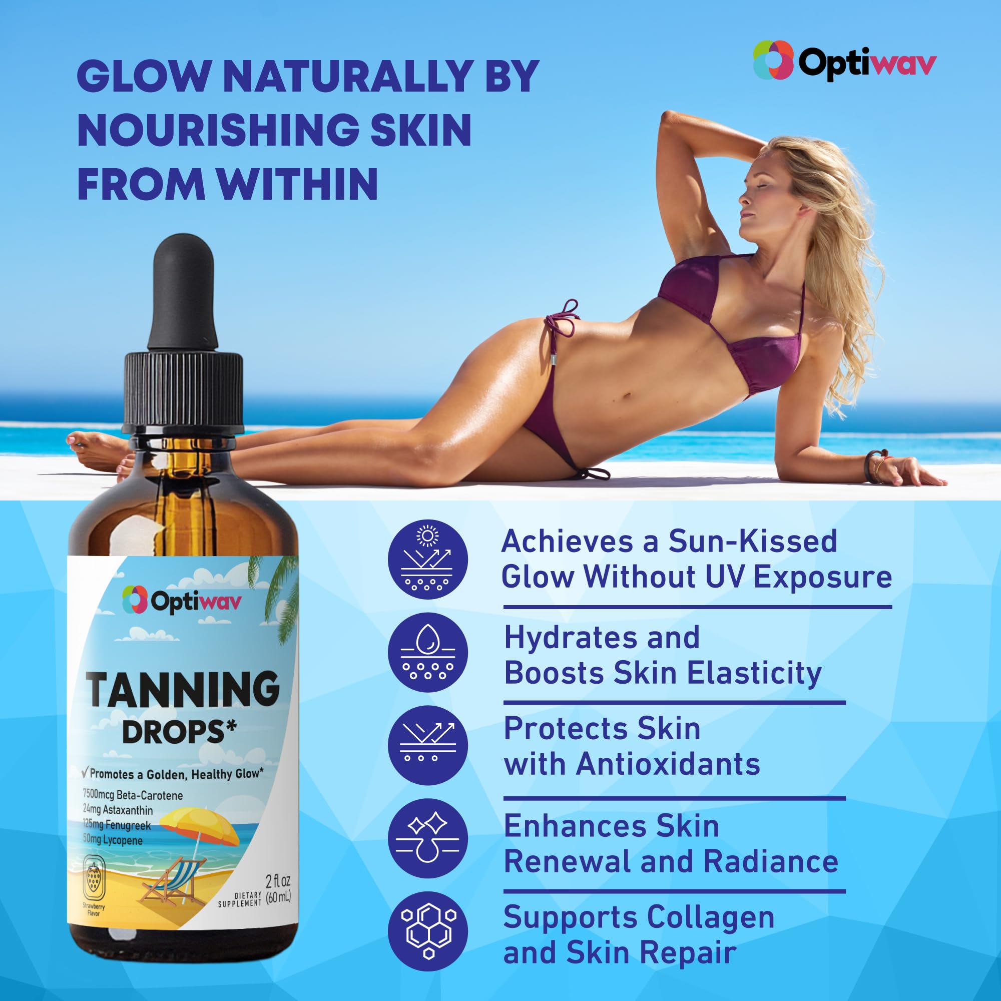 Optiwav Sunless Tanning Drops to Drink – Drinkable Self Tanner for Face & Body (Vegan, Sugar-Free)