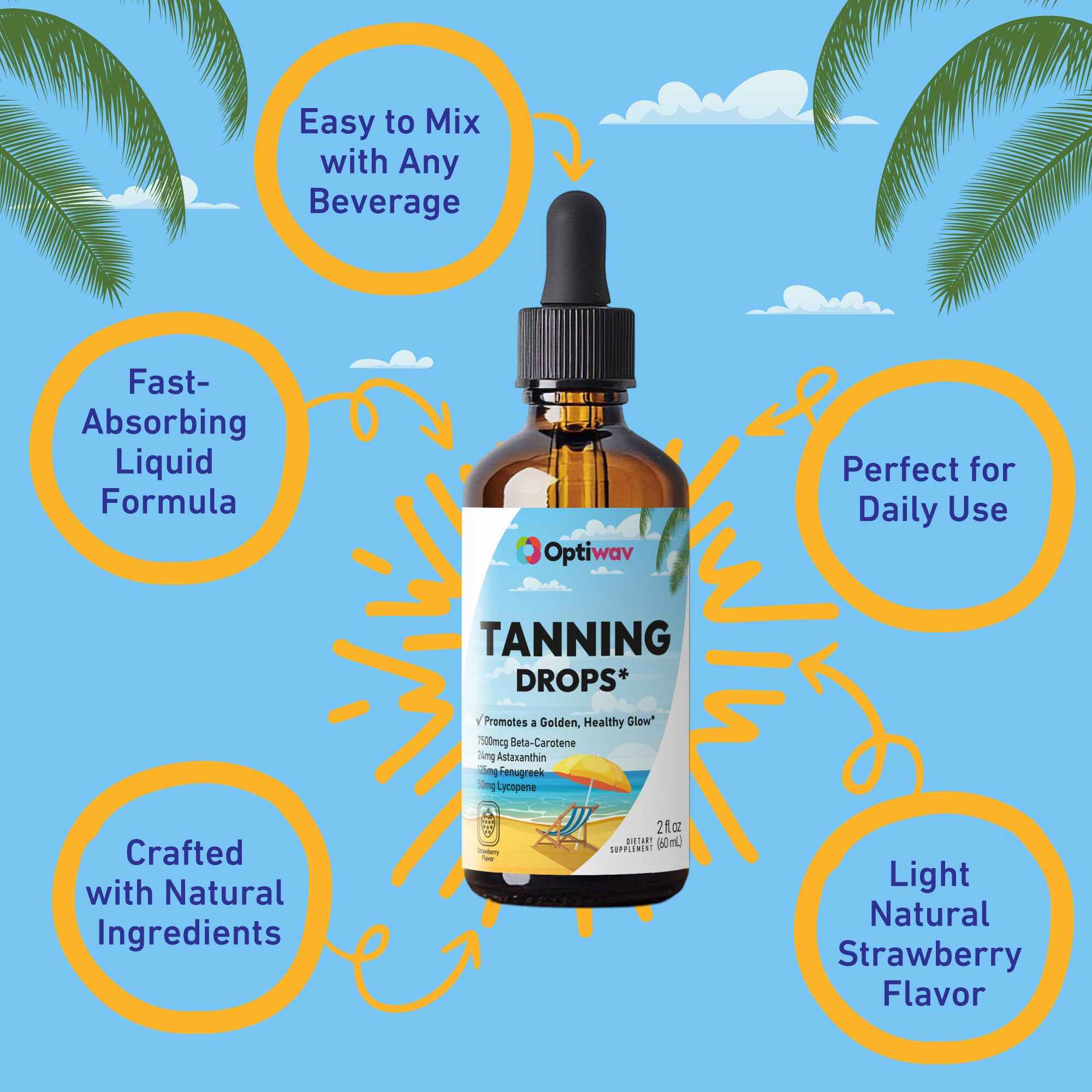 Optiwav Sunless Tanning Drops to Drink – Drinkable Self Tanner for Face & Body (Vegan, Sugar-Free)