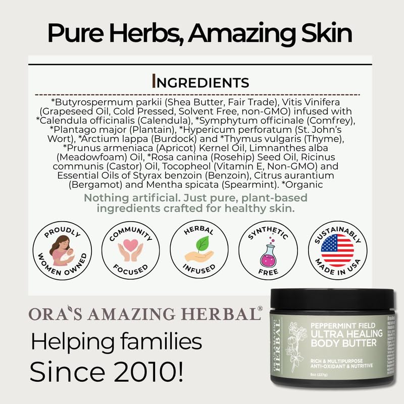 Ora's Amazing Herbal Ultra Healing Body Butter — Intensive Moisturizer for Dry Skin, Spearmint & Bergamot (8 oz)
