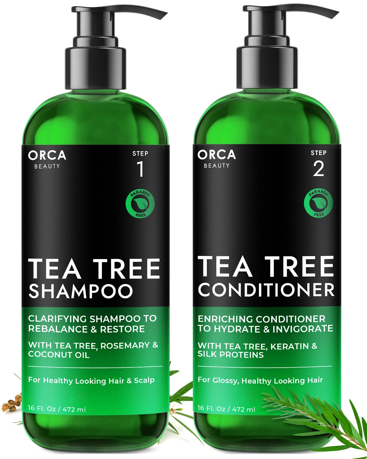 Orca Beauty Tea Tree Shampoo & Conditioner Set 2x16oz – Dandruff Care for Oily Hair