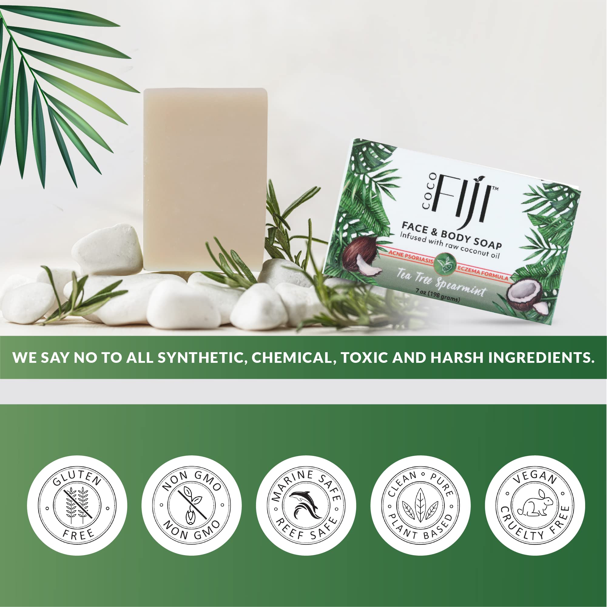 Organic Fiji Coco Fiji Soap Bar – Coconut Oil & Tea Tree Spearmint for Face & Body (7 oz, Pack of 3)