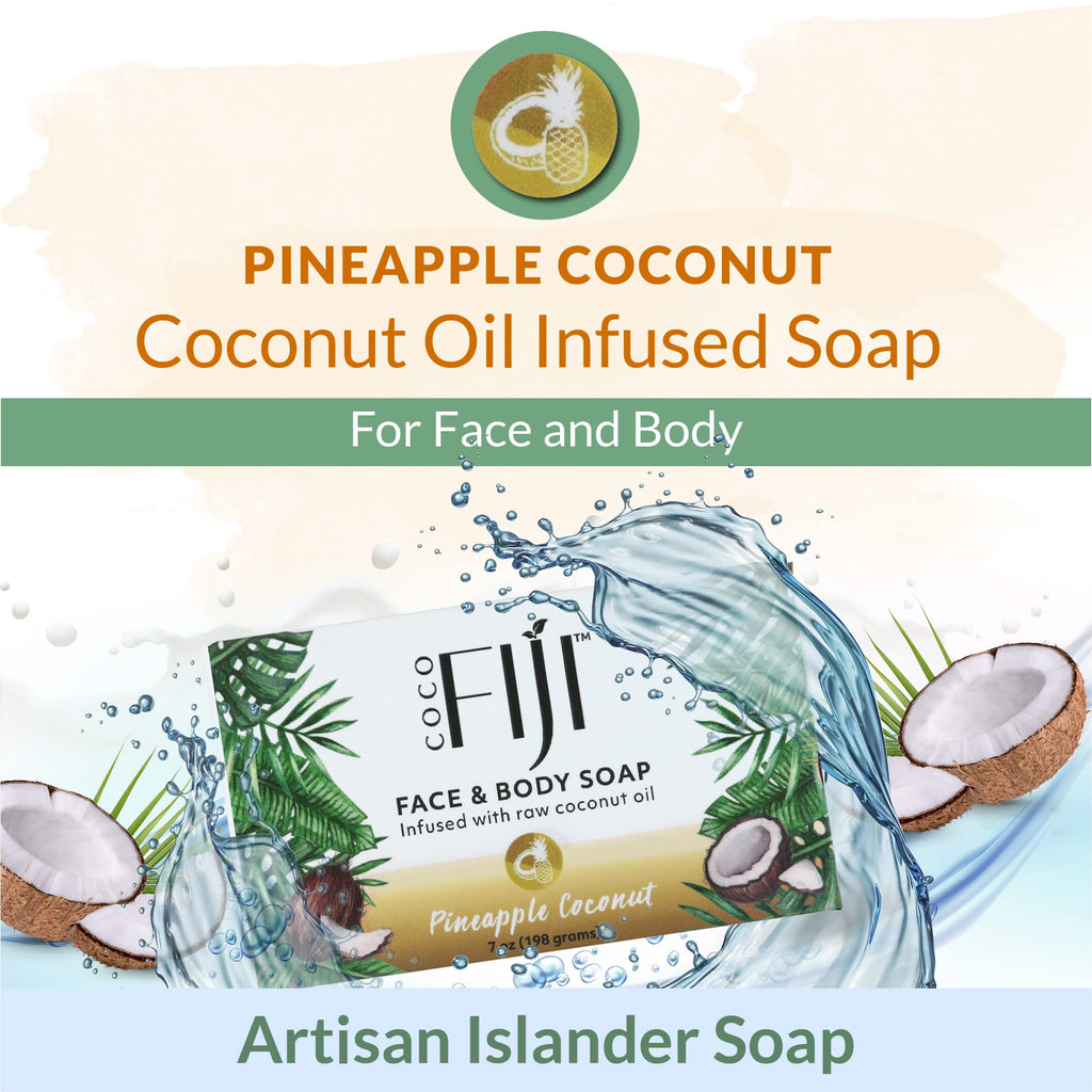 Organic Fiji Coco Fiji Soap Bar – Face & Body Hydration with Organic Coconut Oil & Pineapple Coconut Oil | 7 oz Pack of 3