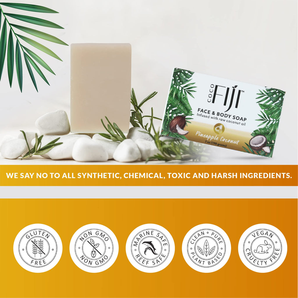 Organic Fiji Coco Fiji Soap Bar – Face & Body Hydration with Organic Coconut Oil & Pineapple Coconut Oil | 7 oz Pack of 3