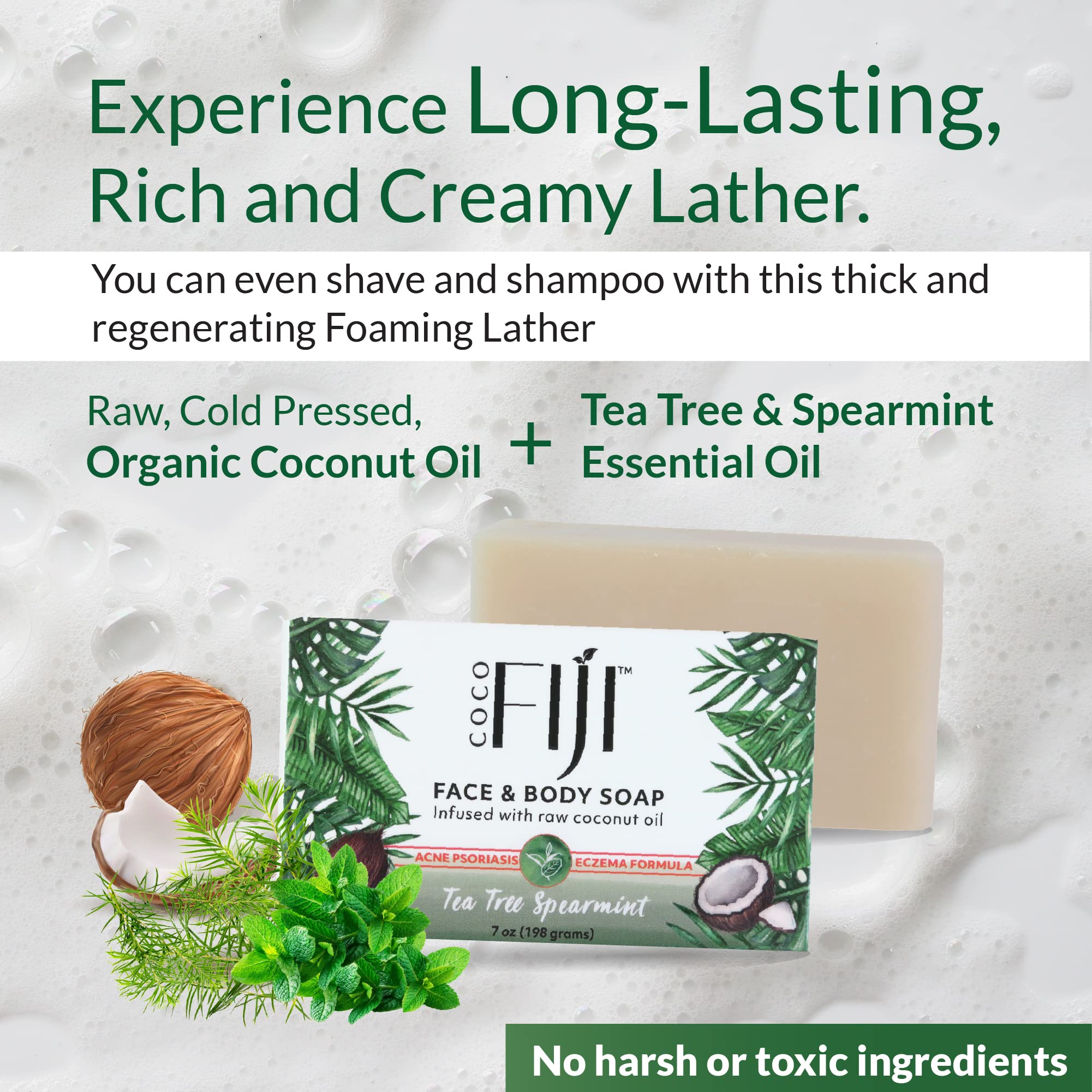 Organic Fiji Coco Fiji Soap Bar – Coconut Oil & Tea Tree Spearmint for Face & Body (7 oz, Pack of 3)