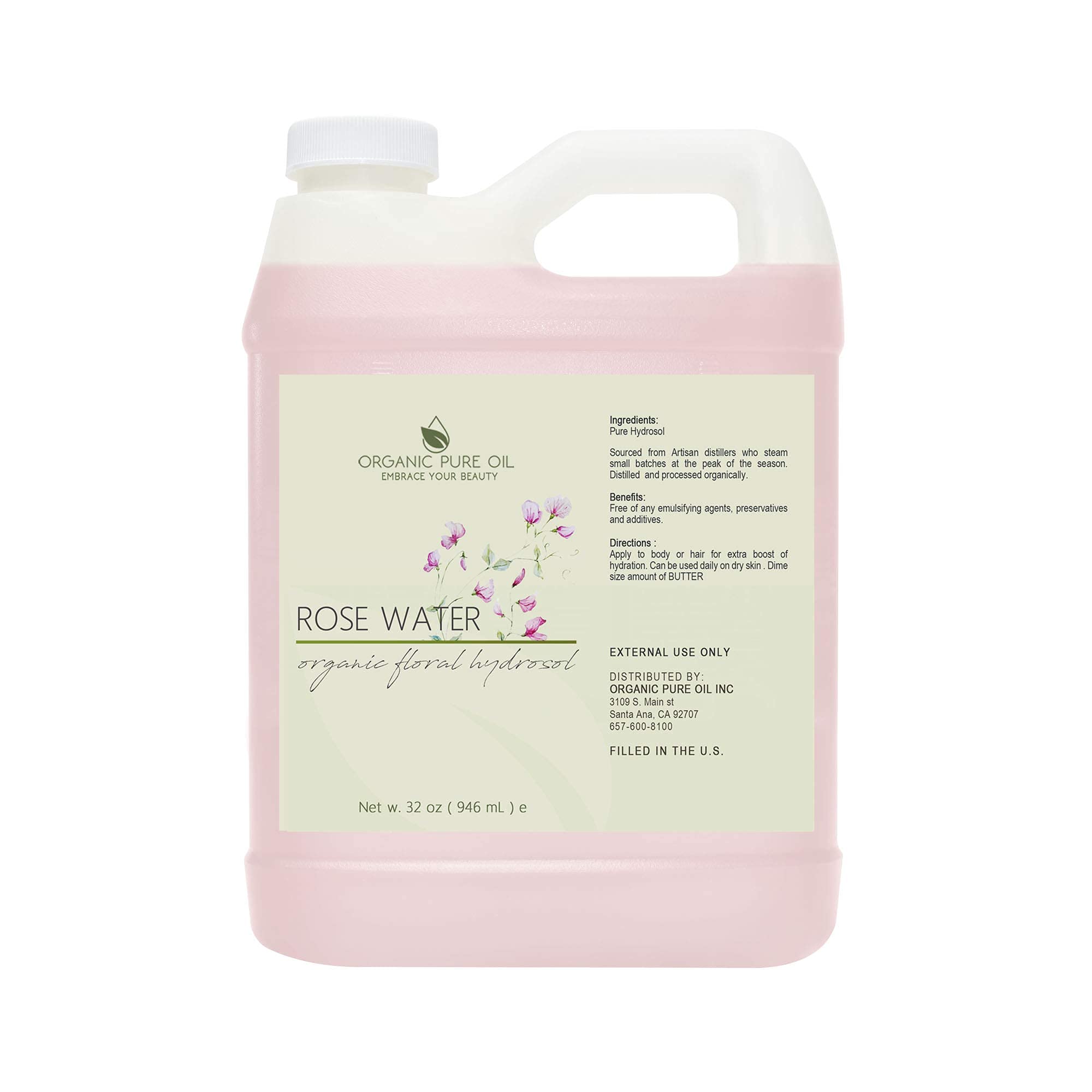 Organic Pure Oil 32 oz Rose Hydrosol Water – Pure Rosewater Spray for Skin & Hair