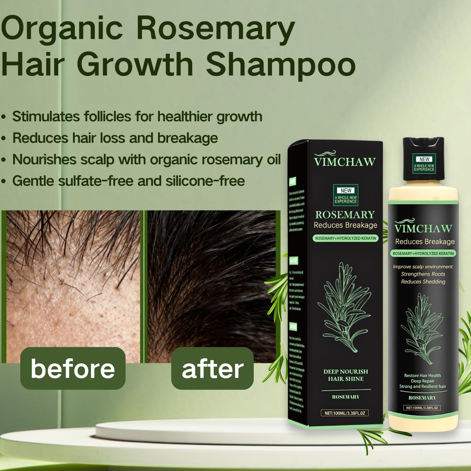 Organic Rosemary Hair Growth Shampoo for Thinning Hair & Hair Loss – Thickening & Strengthening Formula with Hydrolyzed Keratin (2-Pcs)