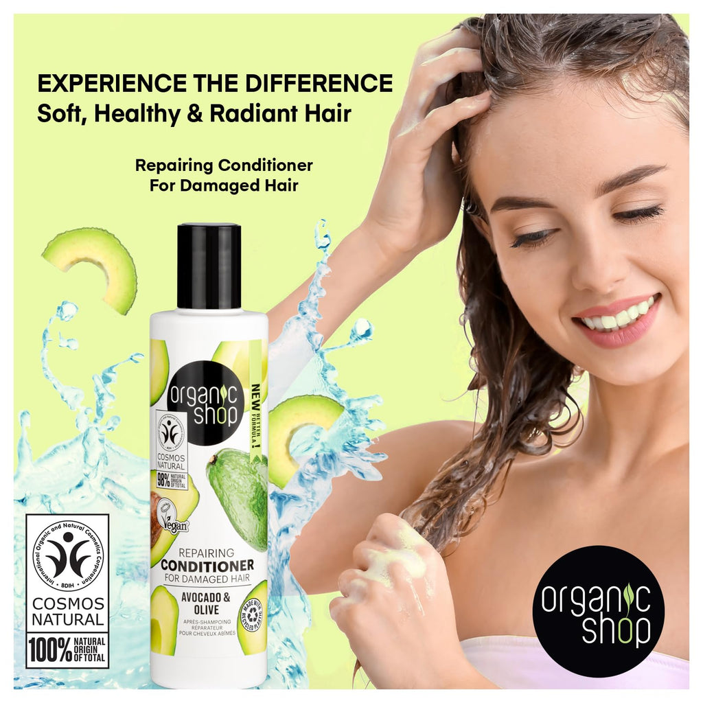 Organic Shop Avocado Repairing Shampoo & Conditioner – Hydrate Dry Hair, Vegan, Paraben & Sulfate Free, COSMOS Natural (Pack of 2)