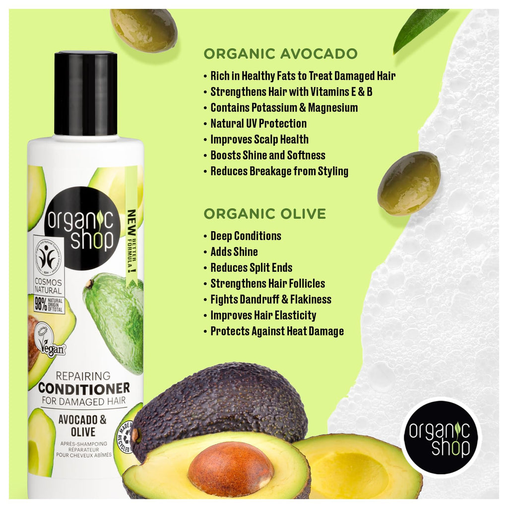 Organic Shop Avocado Repairing Shampoo & Conditioner – Hydrate Dry Hair, Vegan, Paraben & Sulfate Free, COSMOS Natural (Pack of 2)