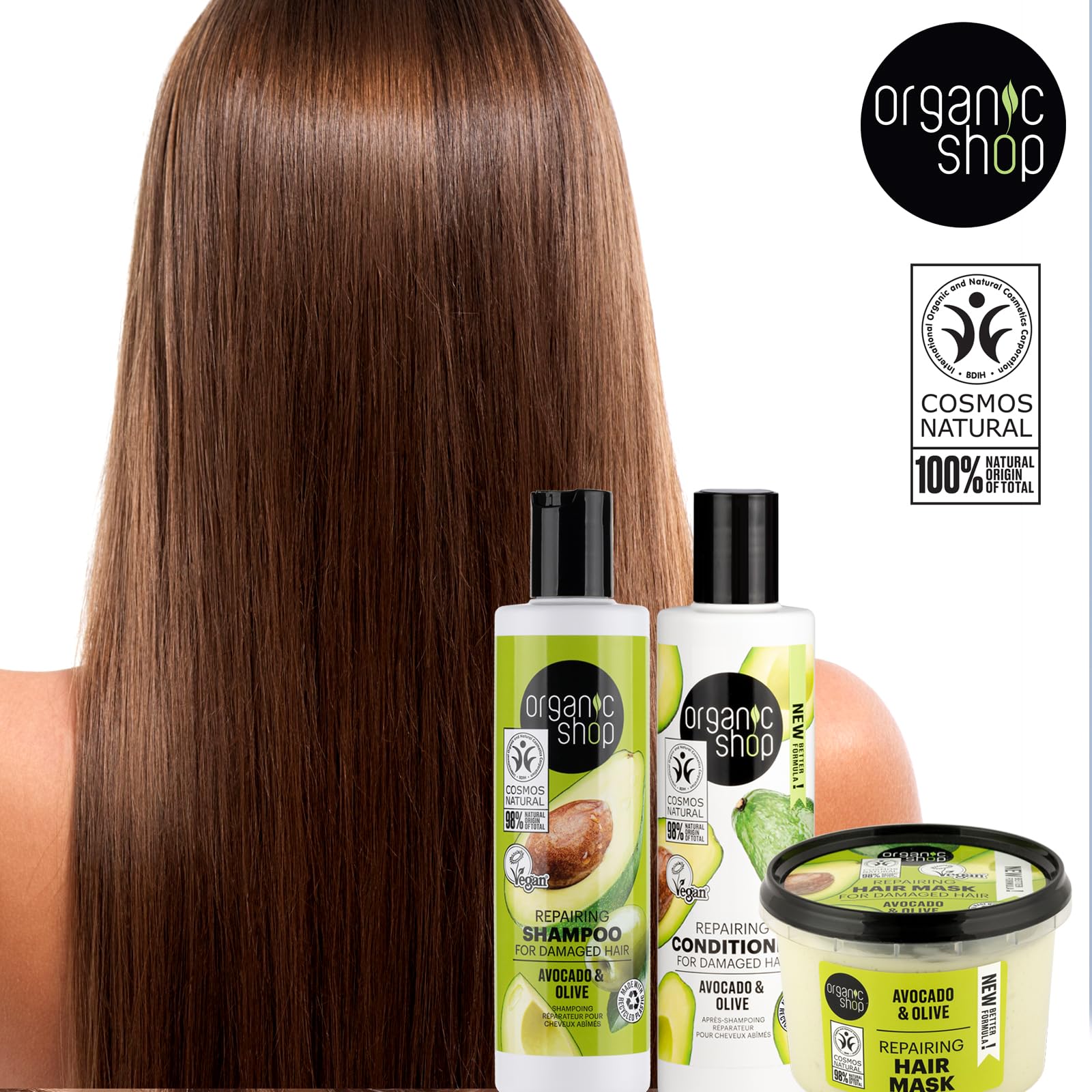 Organic Shop Avocado Repairing Shampoo & Conditioner – Hydrate Dry Hair, Vegan, Paraben & Sulfate Free, COSMOS Natural (Pack of 2)