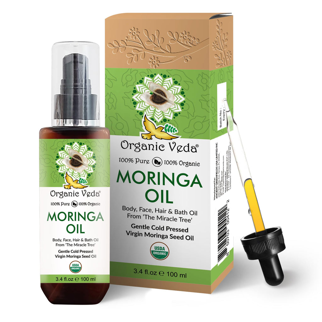 Organic Veda Moringa Oil Virgin 100% Pure & USDA Organic - Multi-Purpose Oil for Face, Hair, Skin