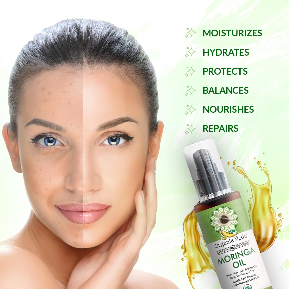 Organic Veda Moringa Oil Virgin 100% Pure & USDA Organic - Multi-Purpose Oil for Face, Hair, Skin