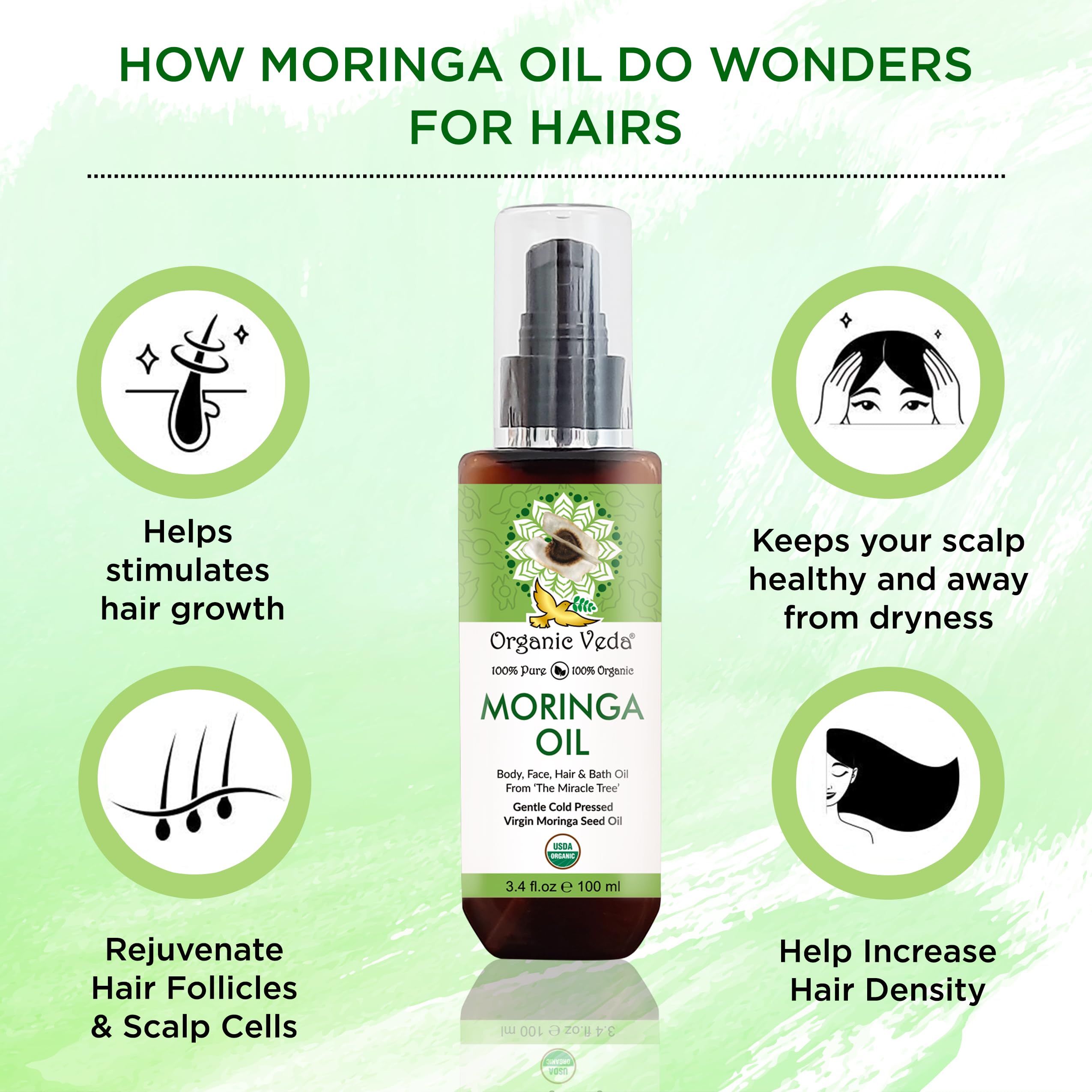 Organic Veda Moringa Oil Virgin 100% Pure & USDA Organic - Multi-Purpose Oil for Face, Hair, Skin