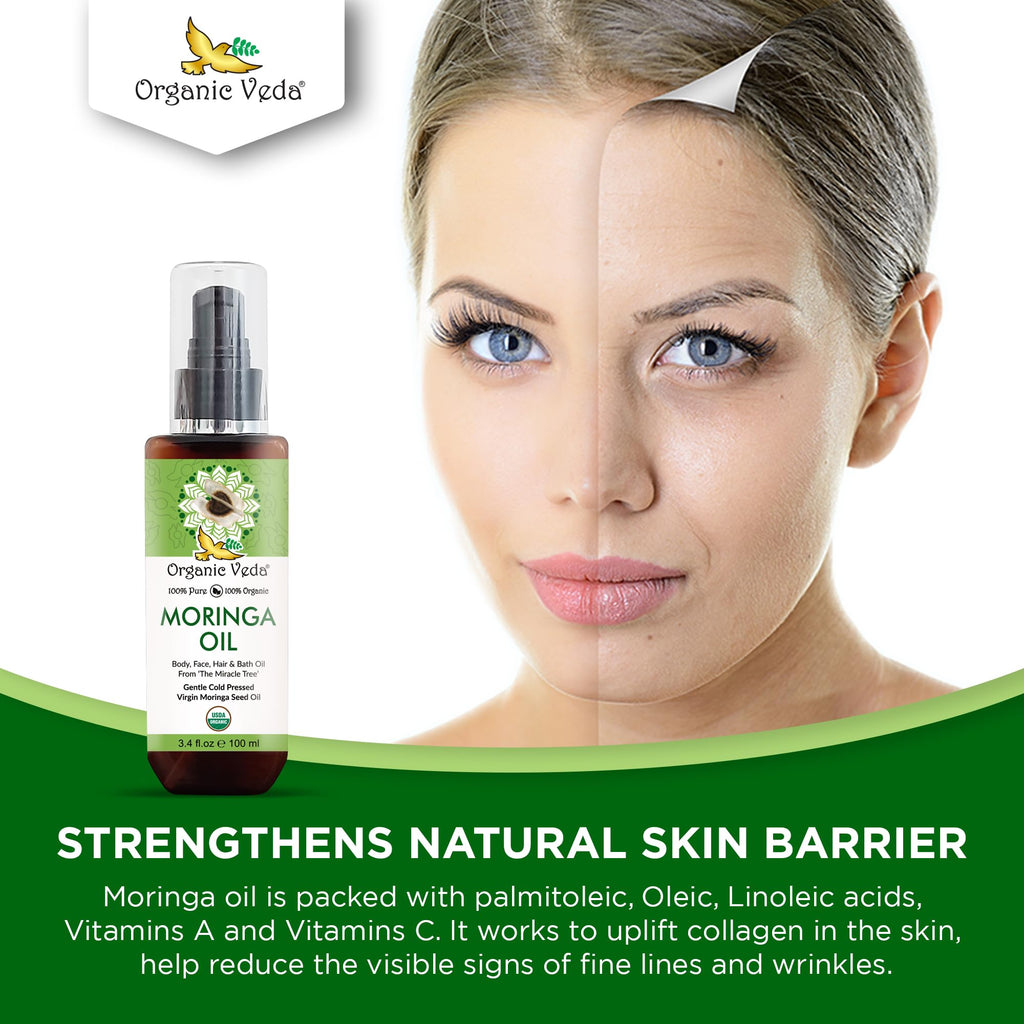 Organic Veda Moringa Oil Virgin 100% Pure & USDA Organic - Multi-Purpose Oil for Face, Hair, Skin