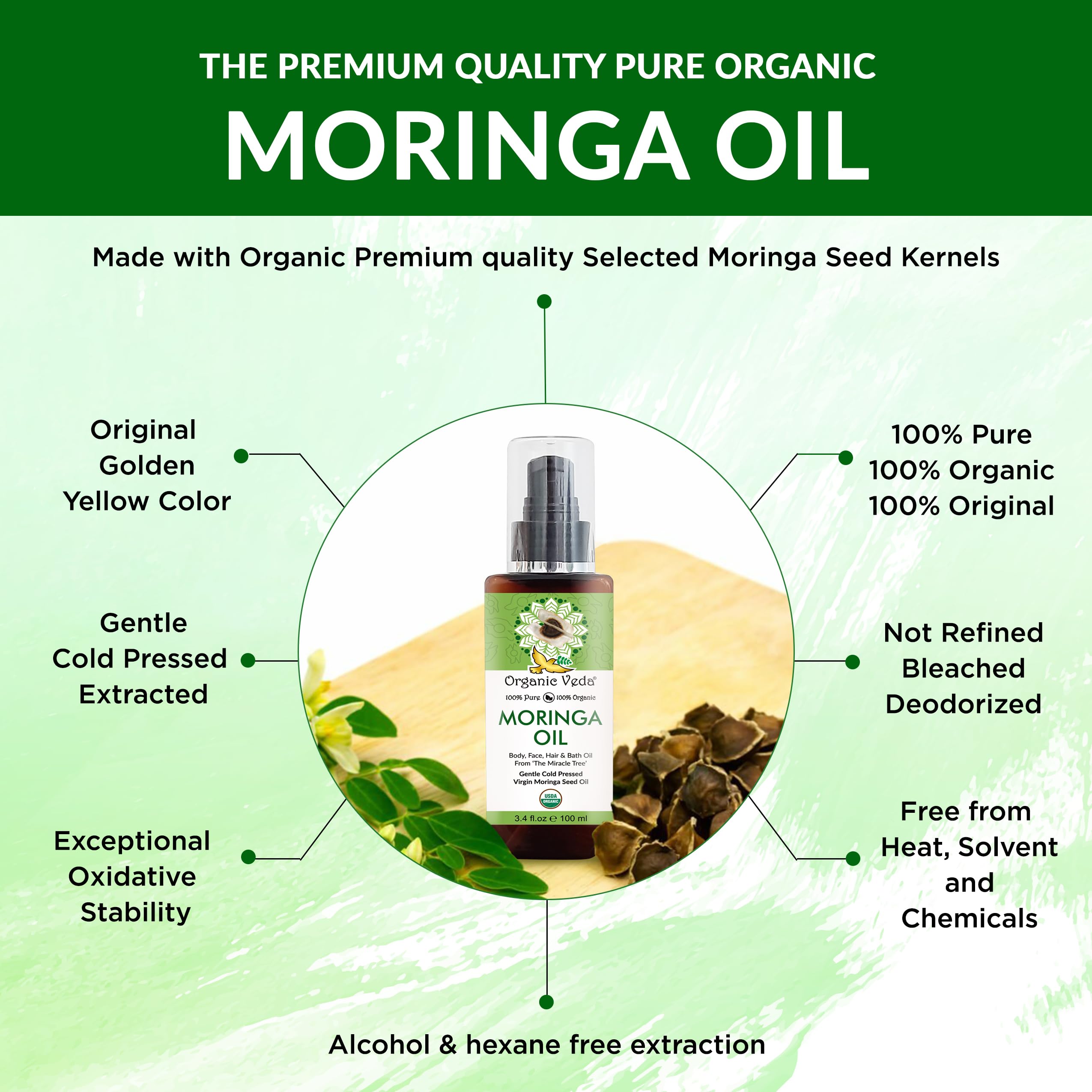 Organic Veda Moringa Oil Virgin 100% Pure & USDA Organic - Multi-Purpose Oil for Face, Hair, Skin