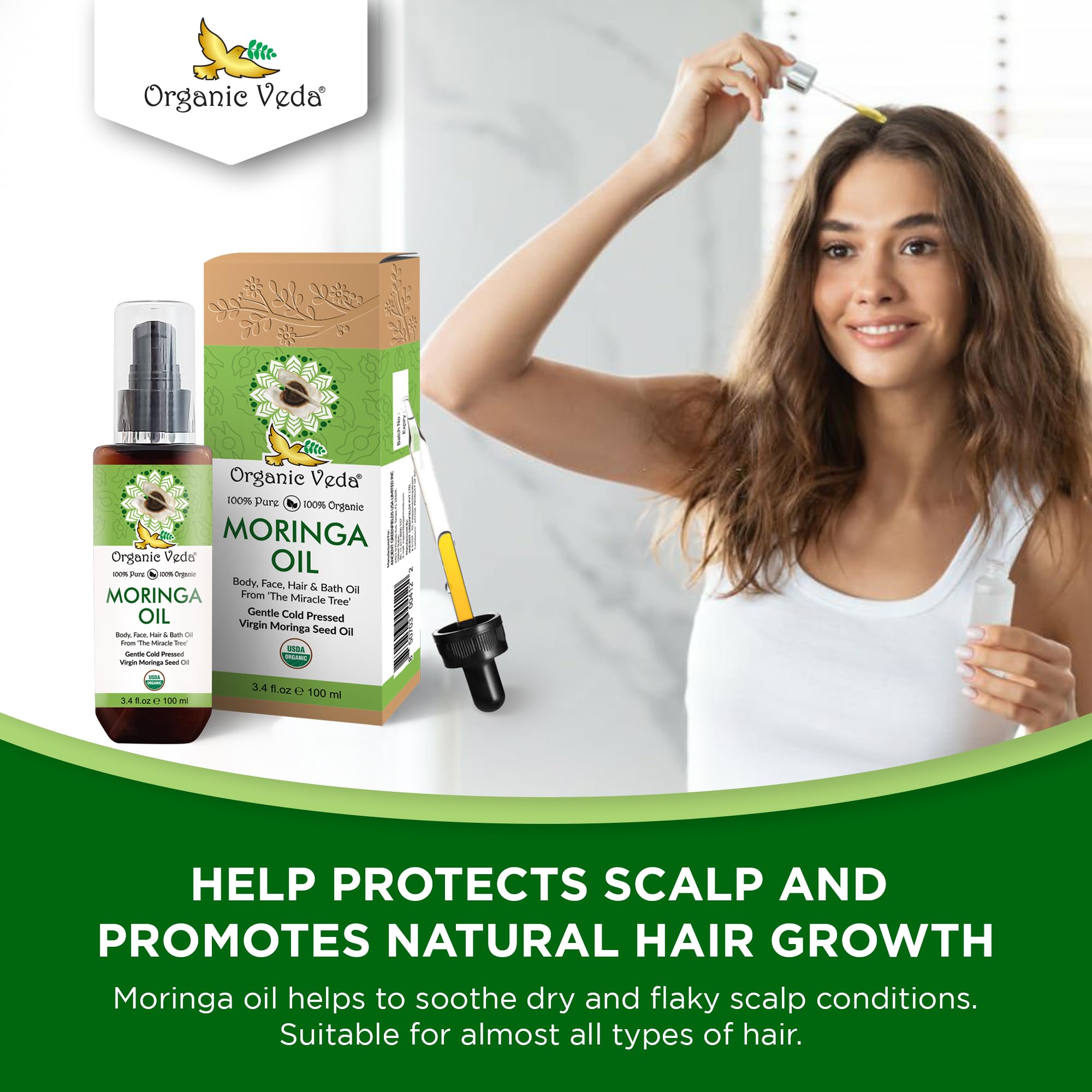 Organic Veda Moringa Oil Virgin 100% Pure & USDA Organic - Multi-Purpose Oil for Face, Hair, Skin