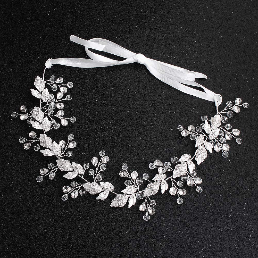 Oriamour Crystal Bridal Headband - Leaves Design, Silver, 12.6 Inches | Wedding Headpiece