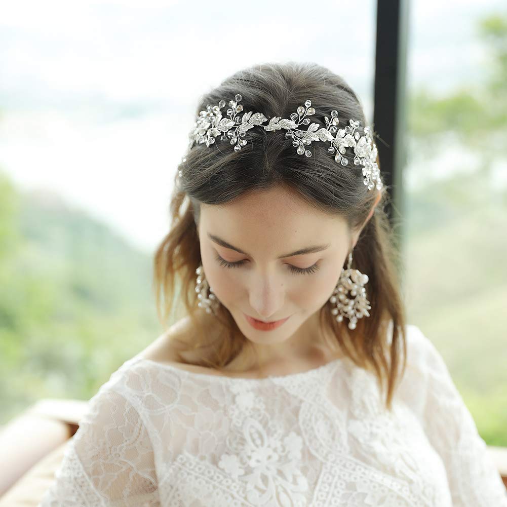 Oriamour Crystal Bridal Headband - Leaves Design, Silver, 12.6 Inches | Wedding Headpiece
