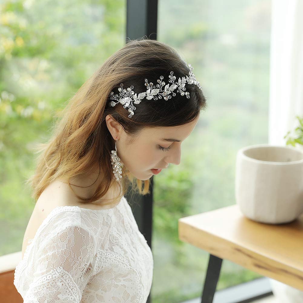 Oriamour Crystal Bridal Headband - Leaves Design, Silver, 12.6 Inches | Wedding Headpiece
