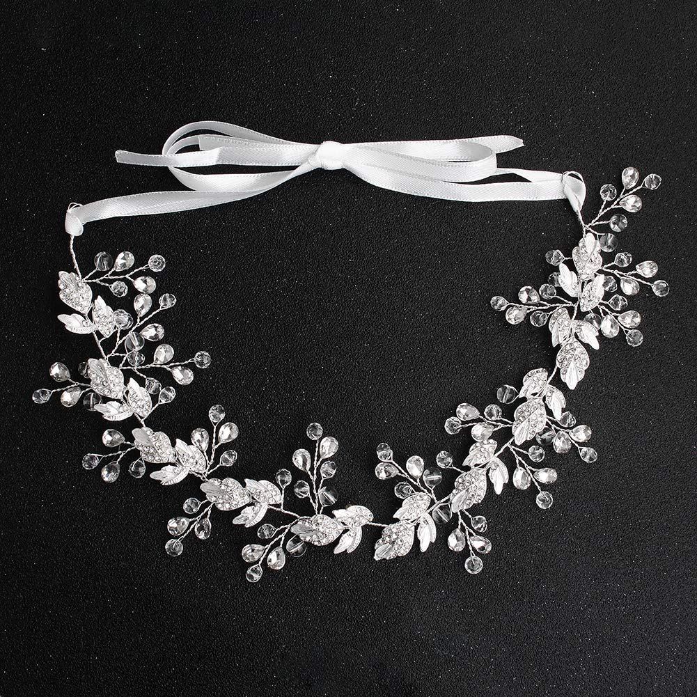 Oriamour Crystal Bridal Headband - Leaves Design, Silver, 12.6 Inches | Wedding Headpiece