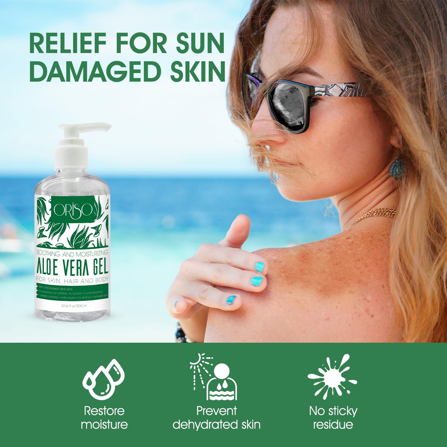ORISO Aloe Vera Gel — Cold Pressed Aloe Barbadensis for Sunburn Relief & Hydration, 10 oz