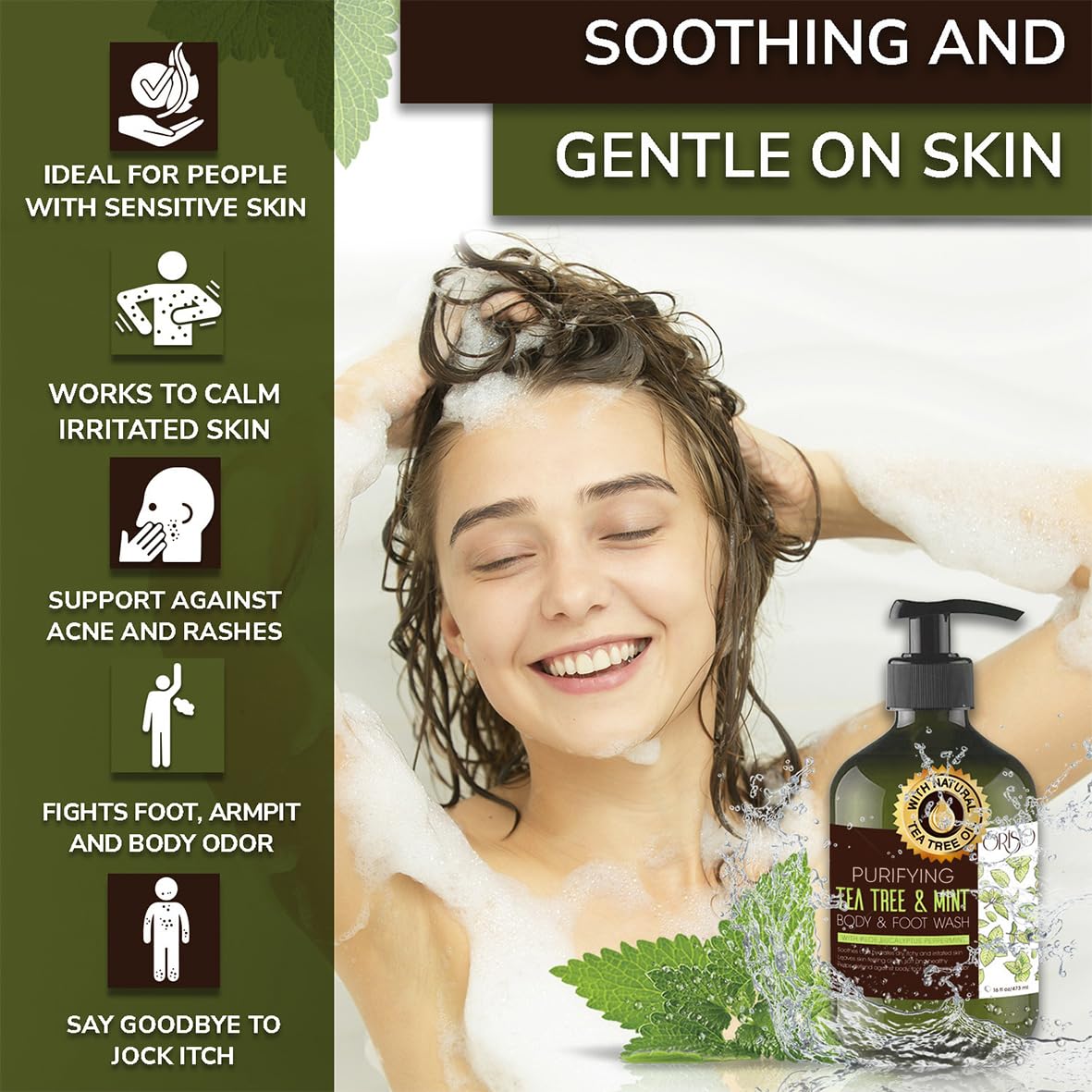 ORISO Tea Tree Mint Body Wash for Women & Men – Hydrating, Invigorating Cleanse (16oz)