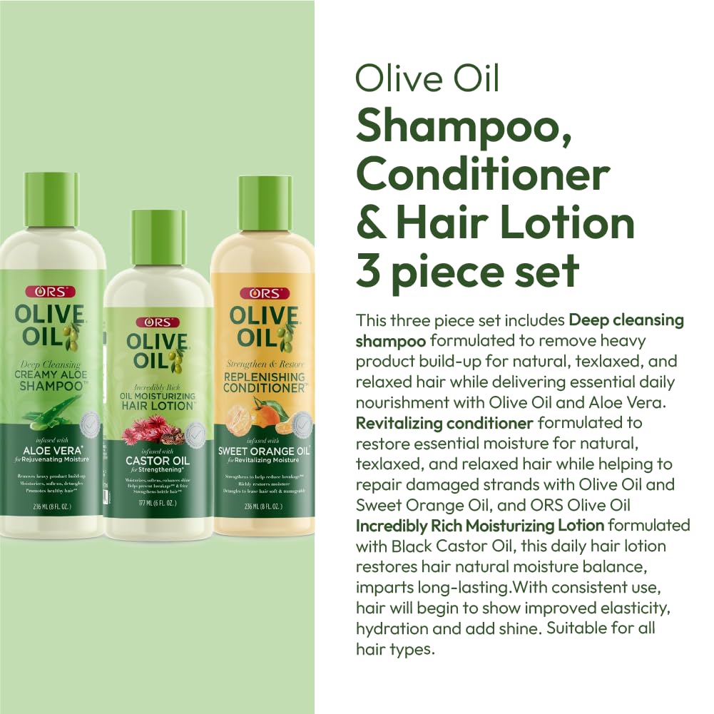 ORS Olive Oil Shampoo, Conditioner & Hair Lotion 3-Piece Set | Stronger, Healthier Hair