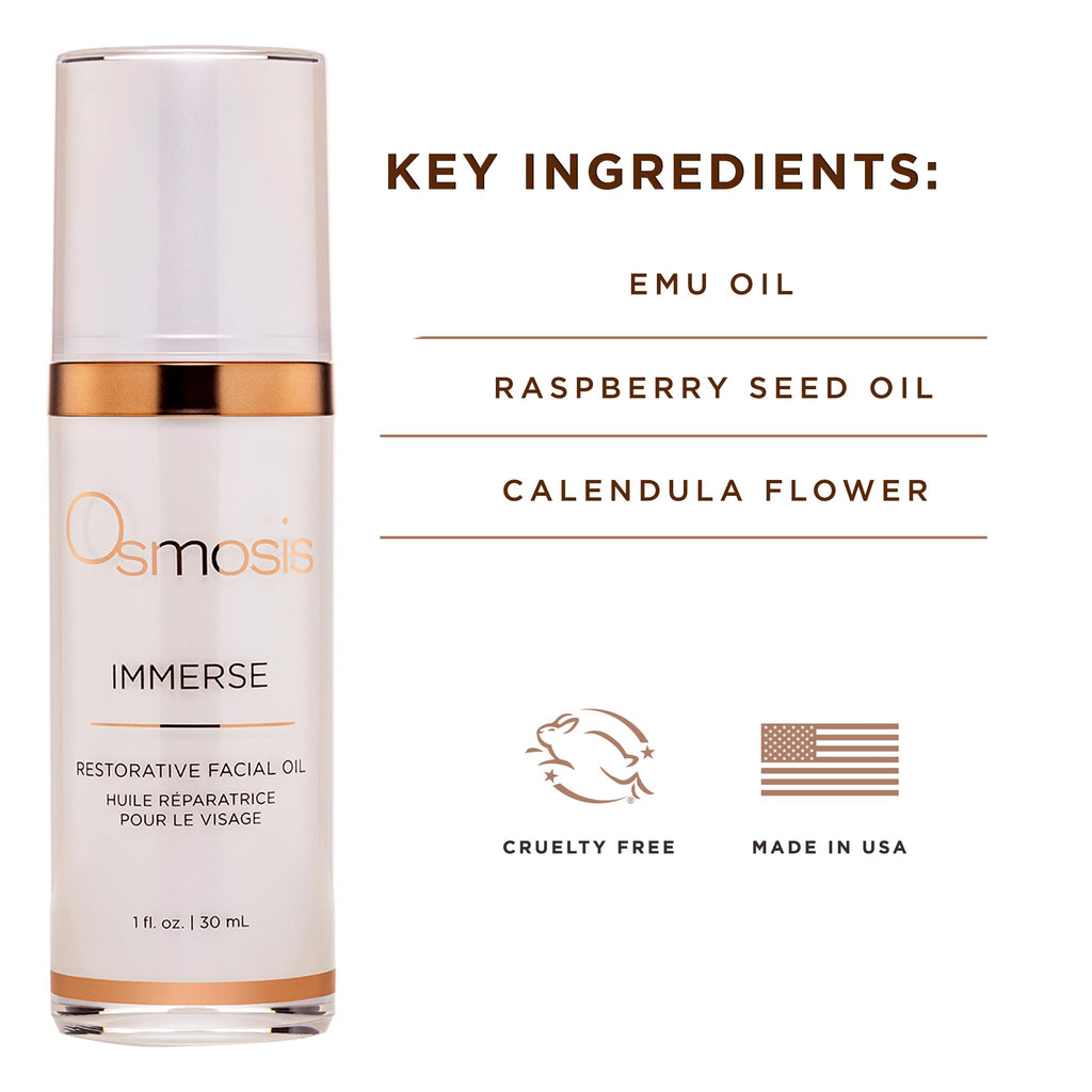 OSMOSIS IMMERSE Restorative Hydrating Facial Oil with Emu, Raspberry Seed Oil & Calendula – 1 fl oz