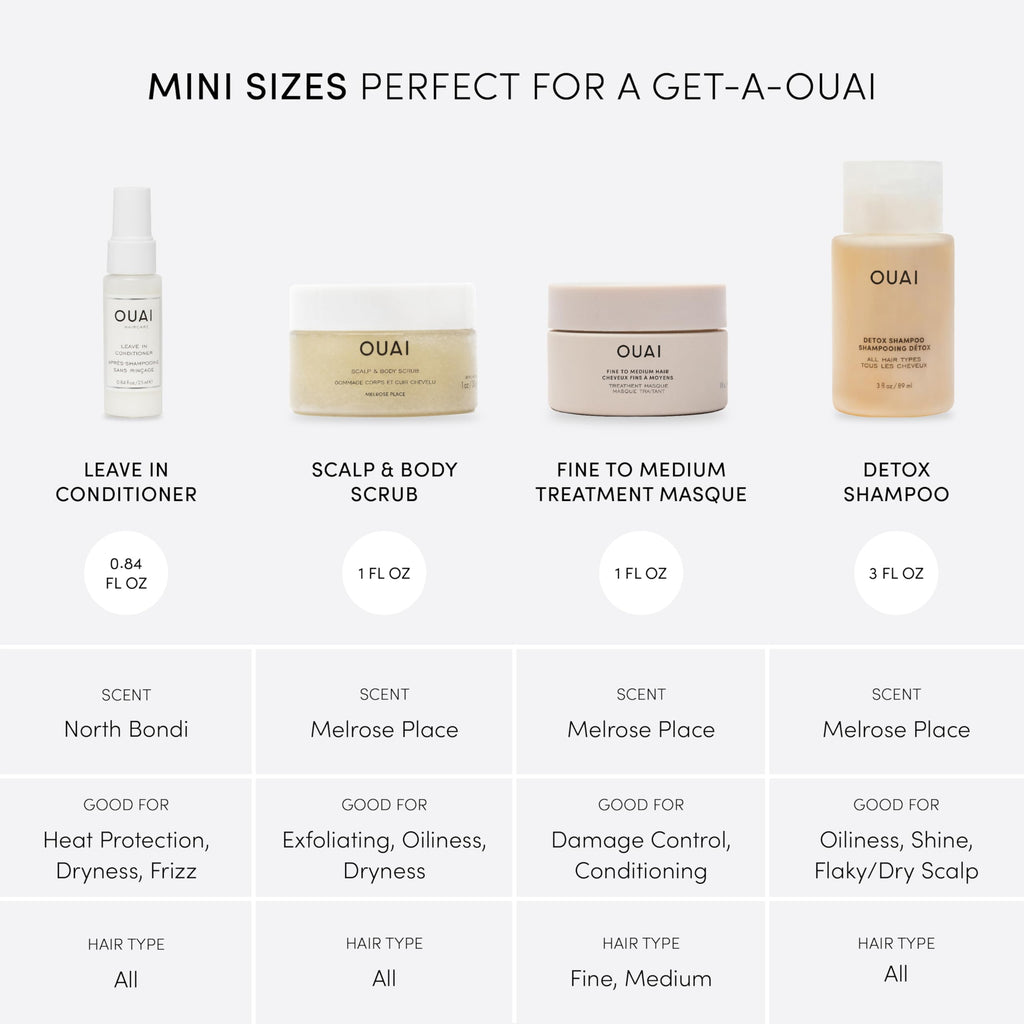 OUAI Travel Kit (4 Count) – Leave-In Conditioner, Detox Shampoo, Hair Mask & Scalp Scrub