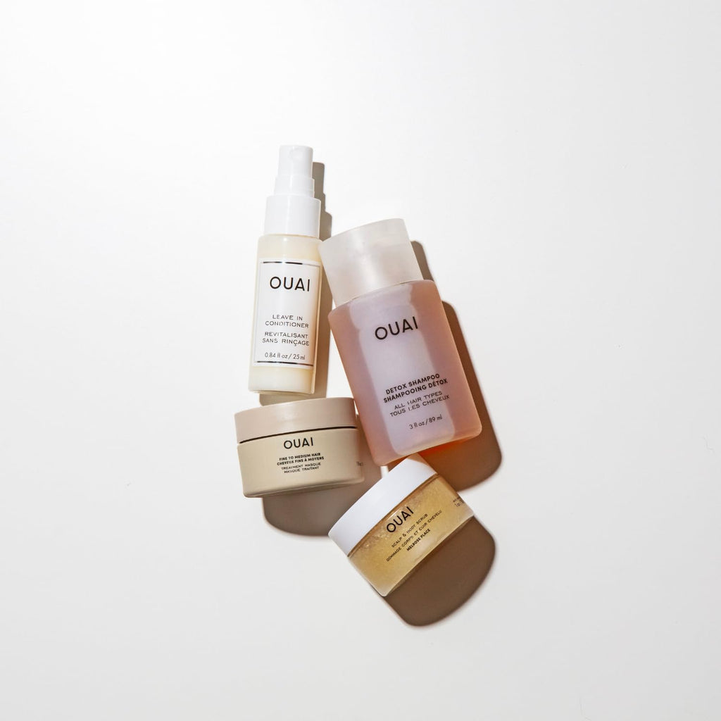 OUAI Travel Kit (4 Count) – Leave-In Conditioner, Detox Shampoo, Hair Mask & Scalp Scrub