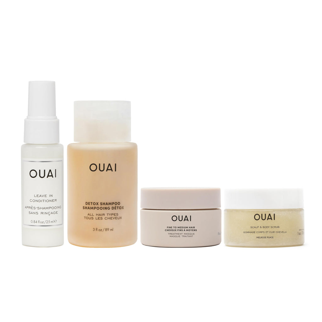 OUAI Travel Kit (4 Count) – Leave-In Conditioner, Detox Shampoo, Hair Mask & Scalp Scrub