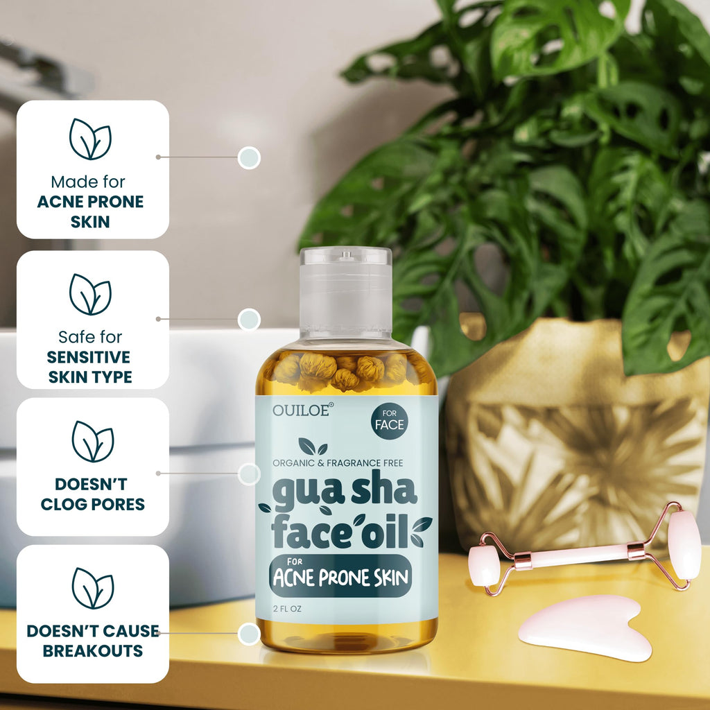 Ouiloe Gua Sha Oil for Acne Prone Skin - Unscented, Non-Comedogenic (2 oz)