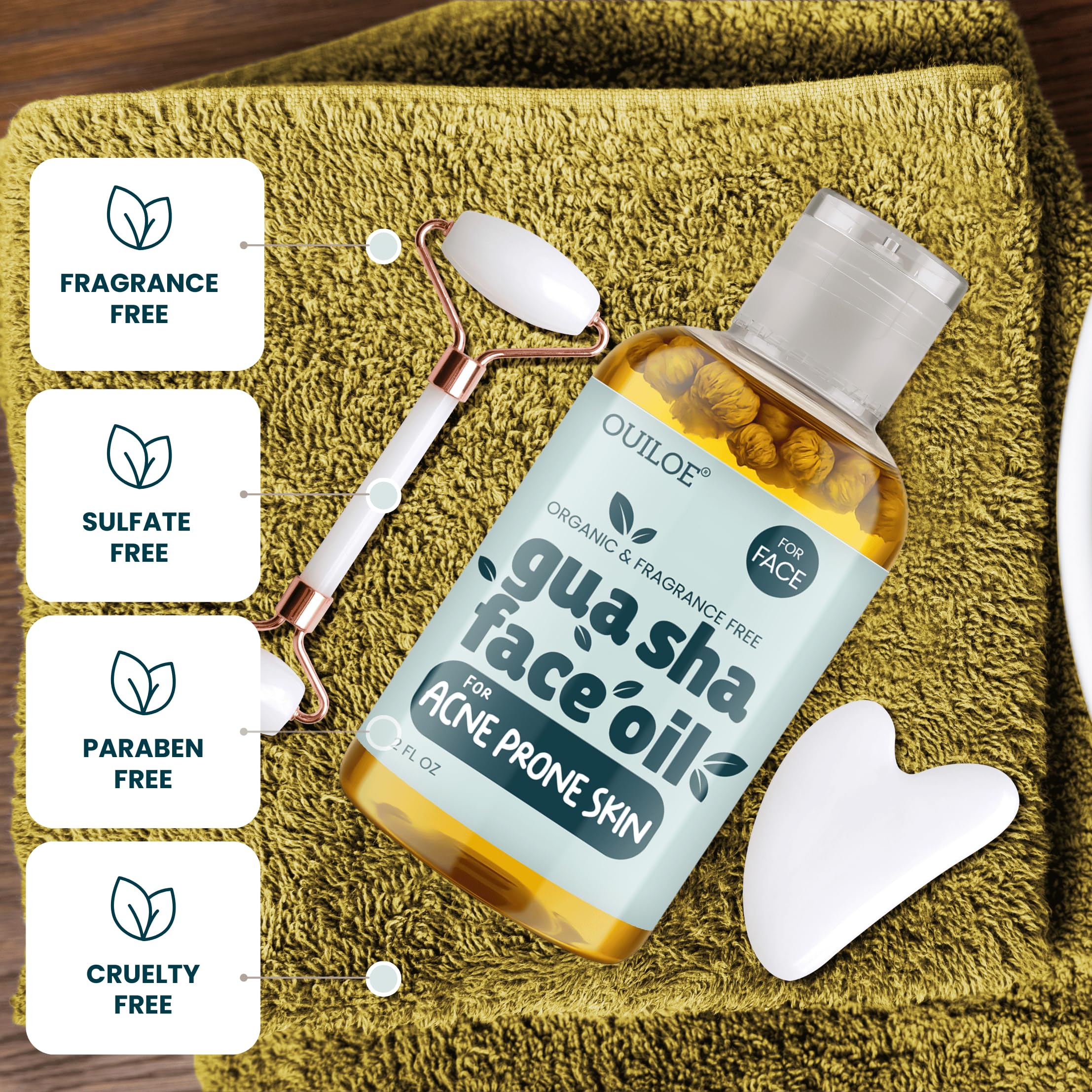 Ouiloe Gua Sha Oil for Acne Prone Skin - Unscented, Non-Comedogenic (2 oz)