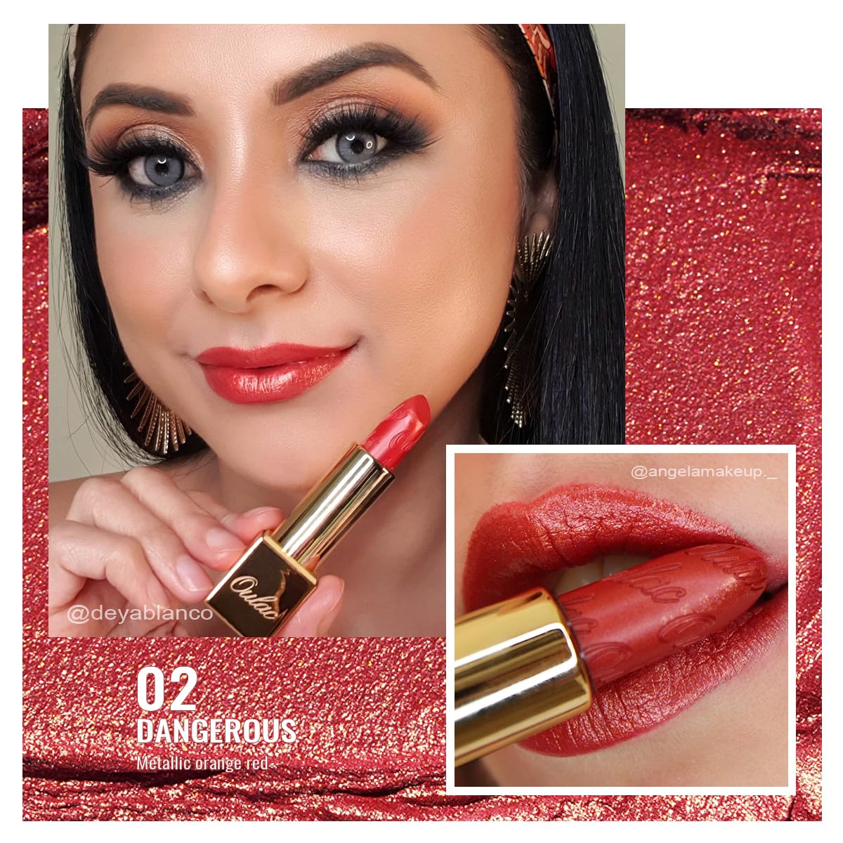 Oulac Dangerous02 Lipstick – Orange Red with Metallic 3D Shine, Hydrating Vegan Formula