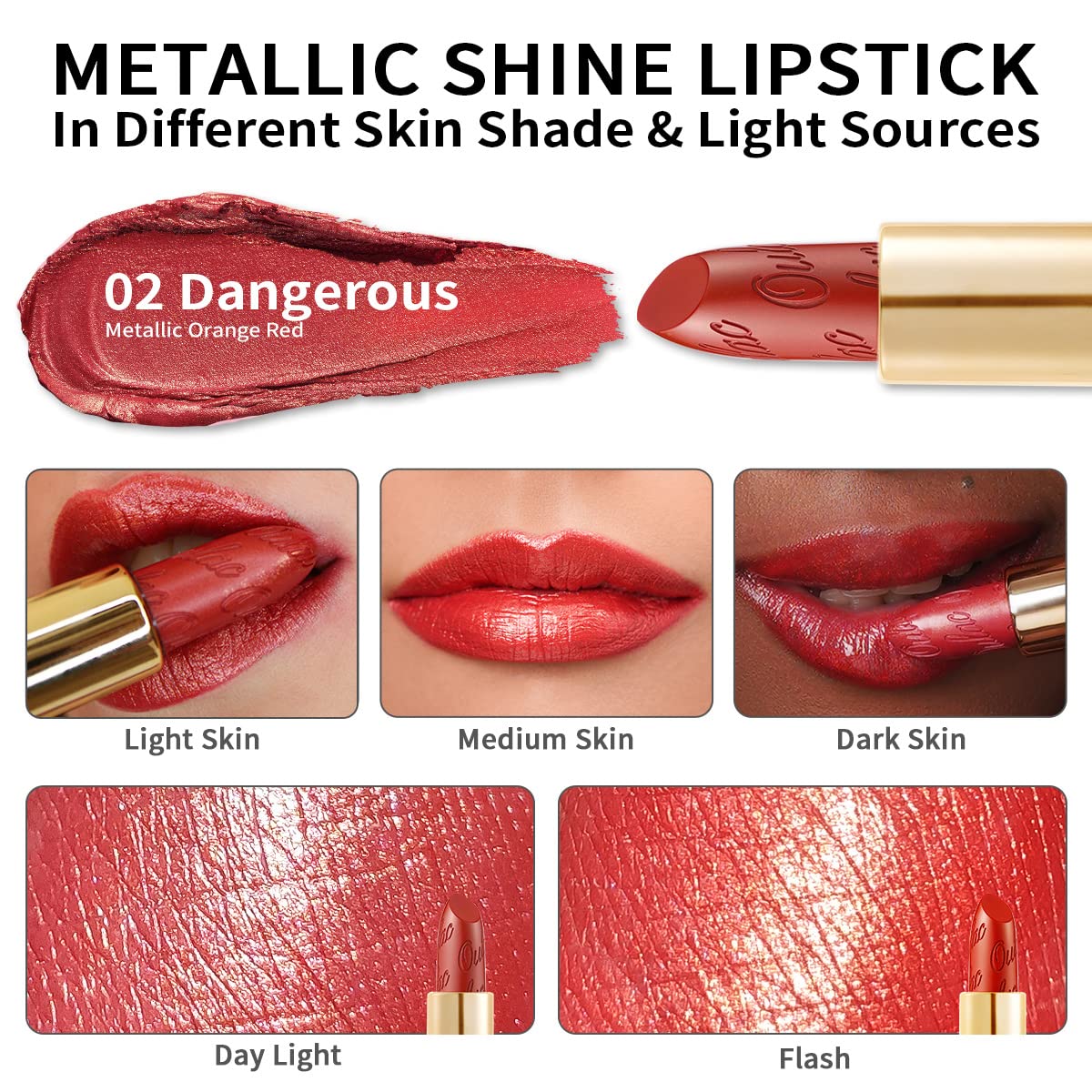 Oulac Dangerous02 Lipstick – Orange Red with Metallic 3D Shine, Hydrating Vegan Formula
