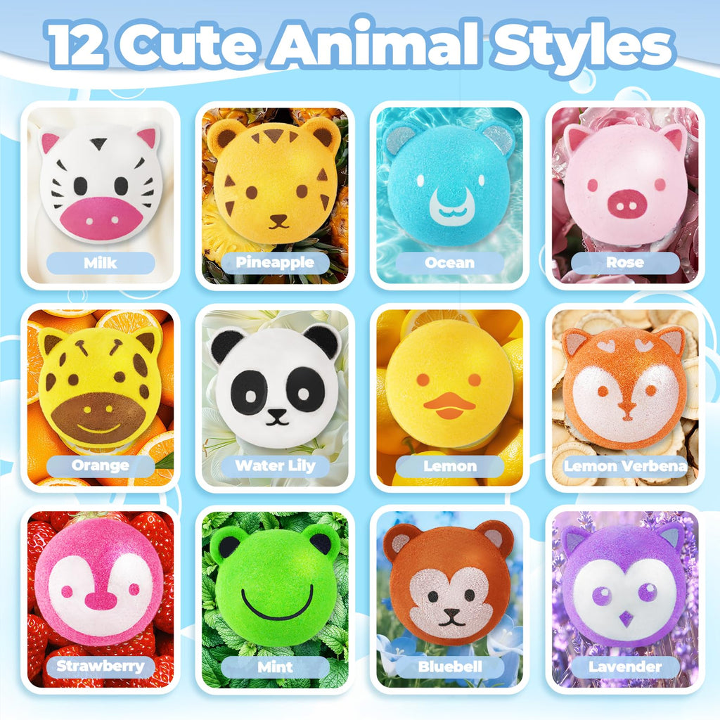 OuMuaMua Kids Bath Bombs with Surprise Toys Inside – 12 Animal-Shaped Bombs
