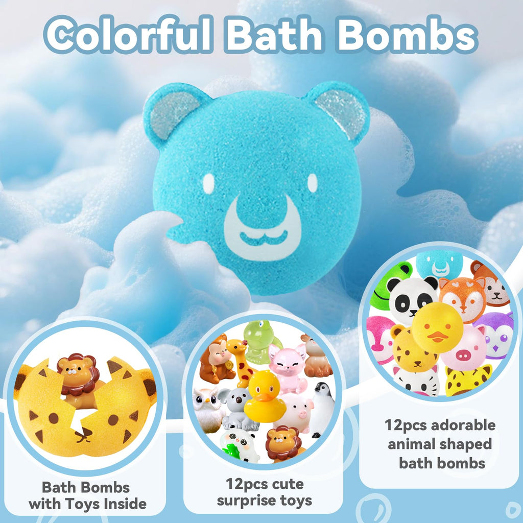 OuMuaMua Kids Bath Bombs with Surprise Toys Inside – 12 Animal-Shaped Bombs