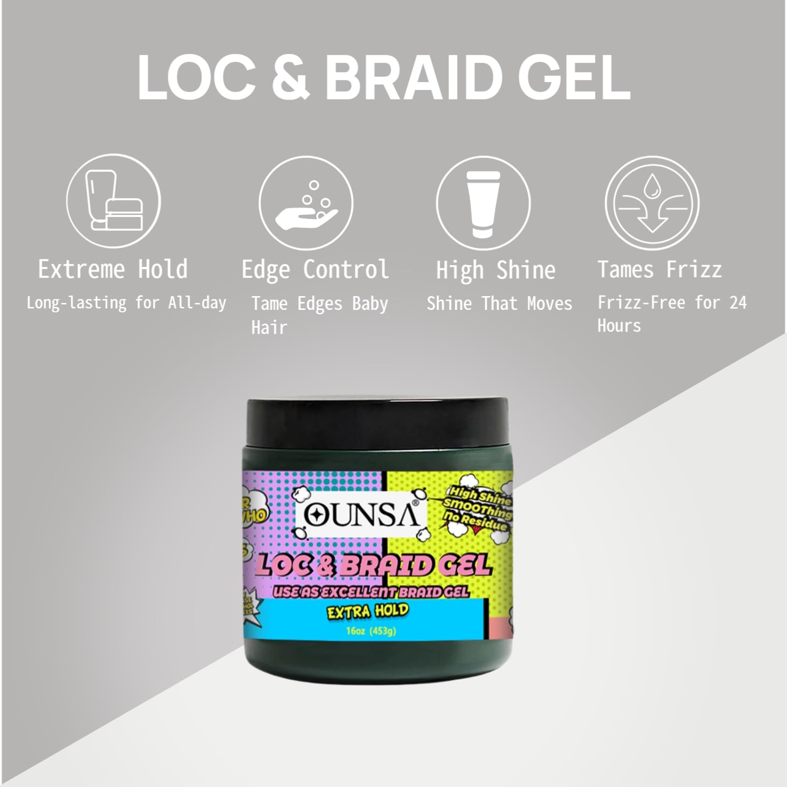 OUNSA Braid Gel for 4C Hair (16oz) – Extreme Hold, No Flake, Edge Control