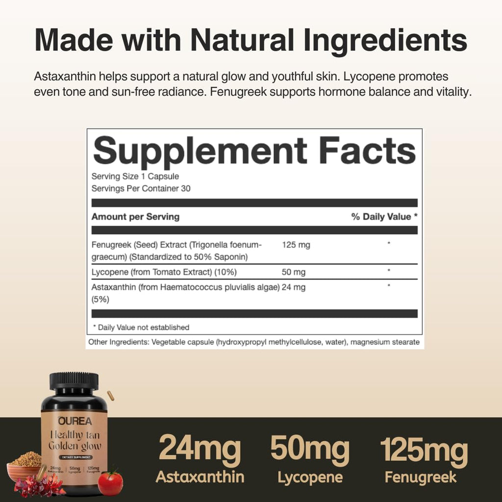 Ourea Carotenoid Golden Glow Tanning Pills – 30 Capsules | 3-in-1 Skin Tone & Wellness Support
