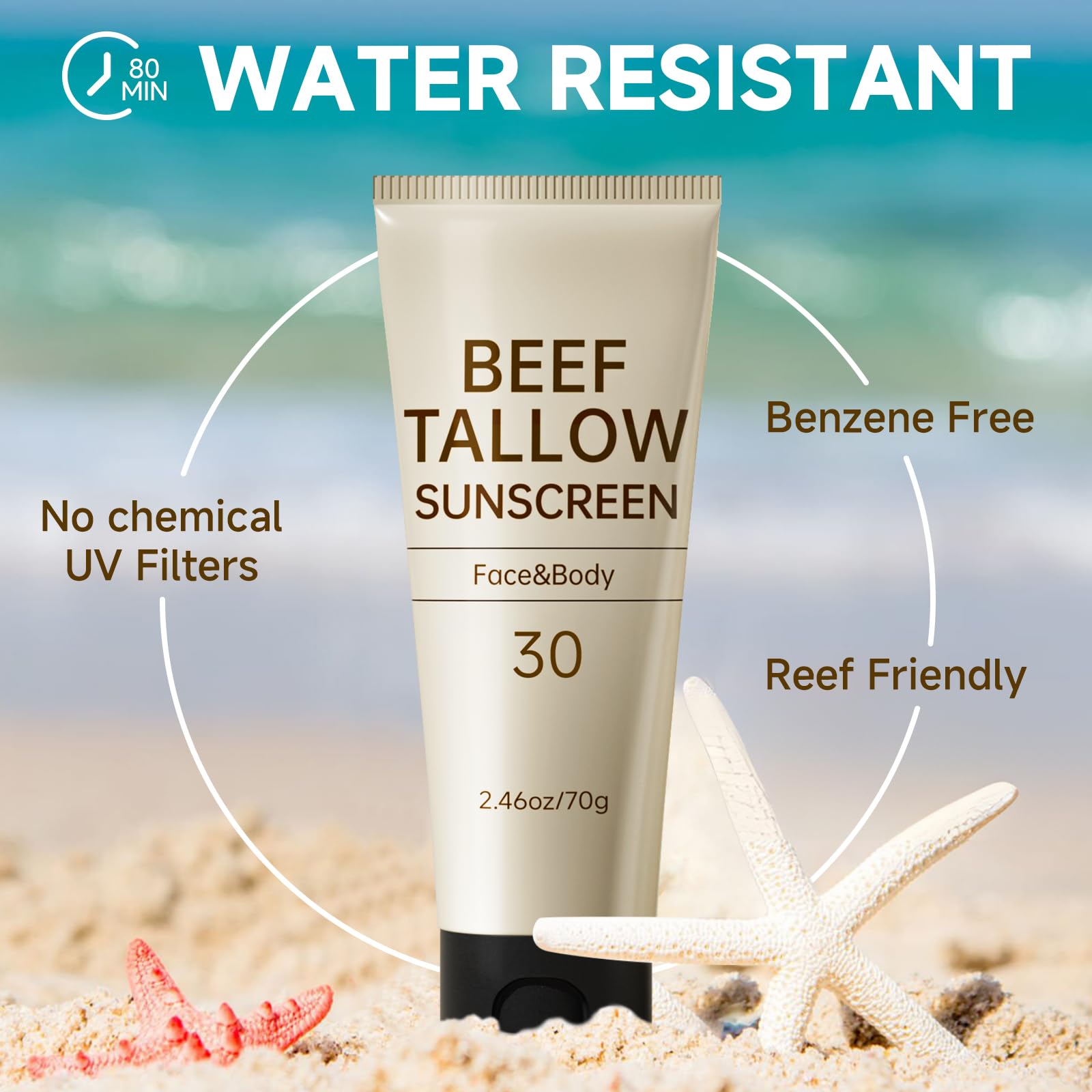 Outccogo Tallow Sunscreen SPF30 – Reef Safe, Non-Greasy Face & Body Sunblock, 7.38 oz x 3