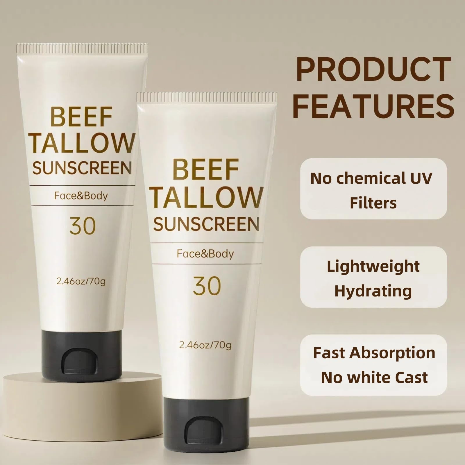 Outccogo Tallow Sunscreen SPF30 – Reef Safe, Non-Greasy Face & Body Sunblock, 7.38 oz x 3