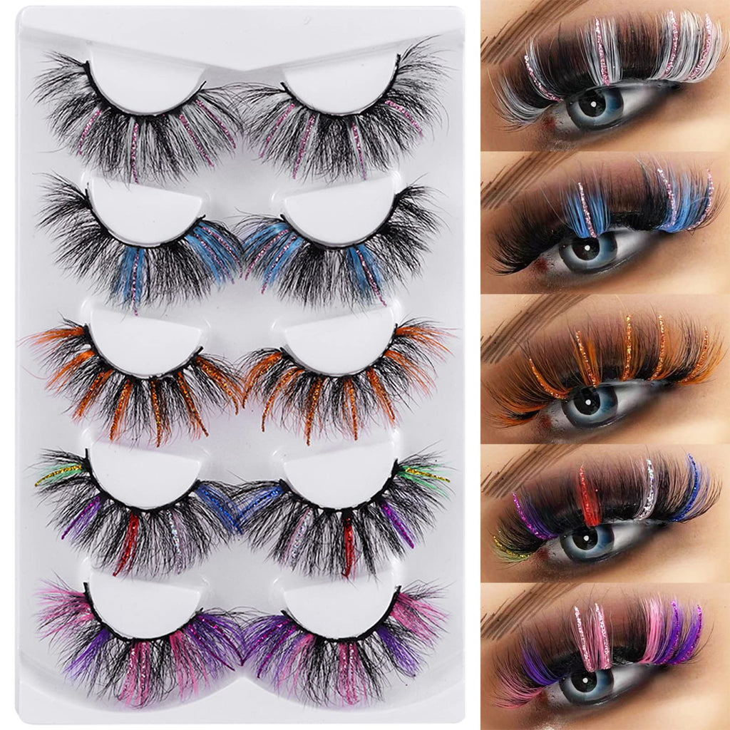 outopen 5 Pairs 20mm Glitter Lashes – Colorful Mink Lashes for Halloween, Cosplay & Party Makeup