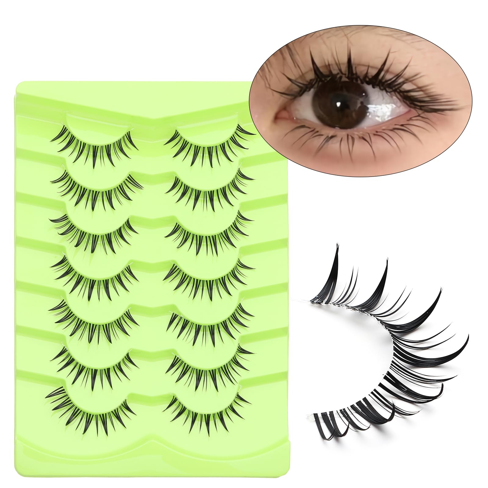 Outopen 7 Pairs Manga Lashes – Natural Look, Spiky Wispy Anime Lashes, Clear Band