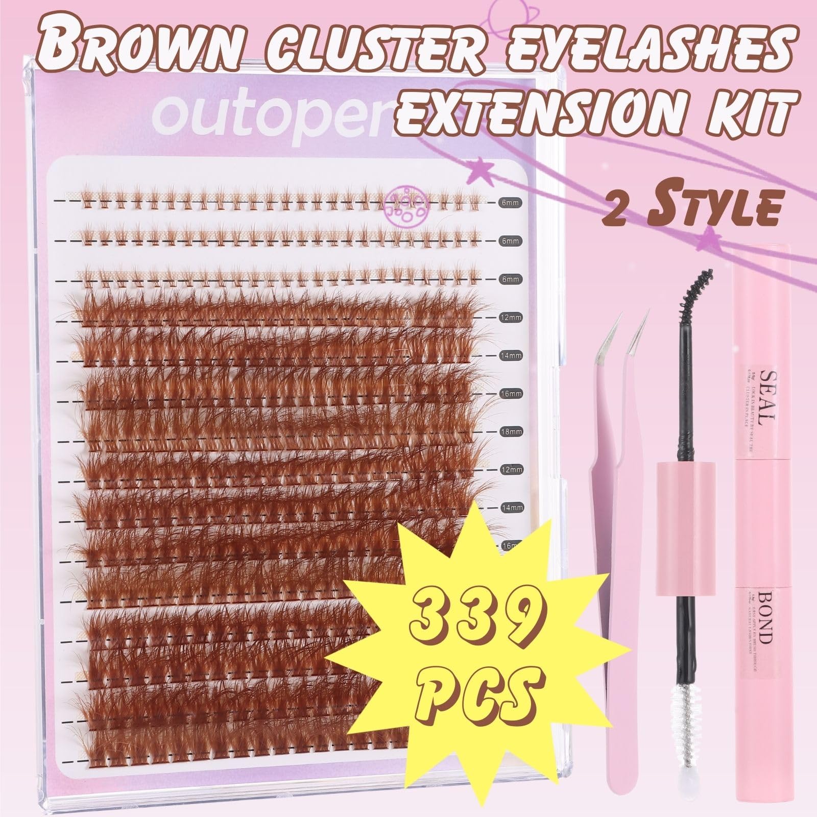 outopen Brown Lash Clusters Extension Kit – 276Pcs DIY Lash Kit with Tweezer & Glue