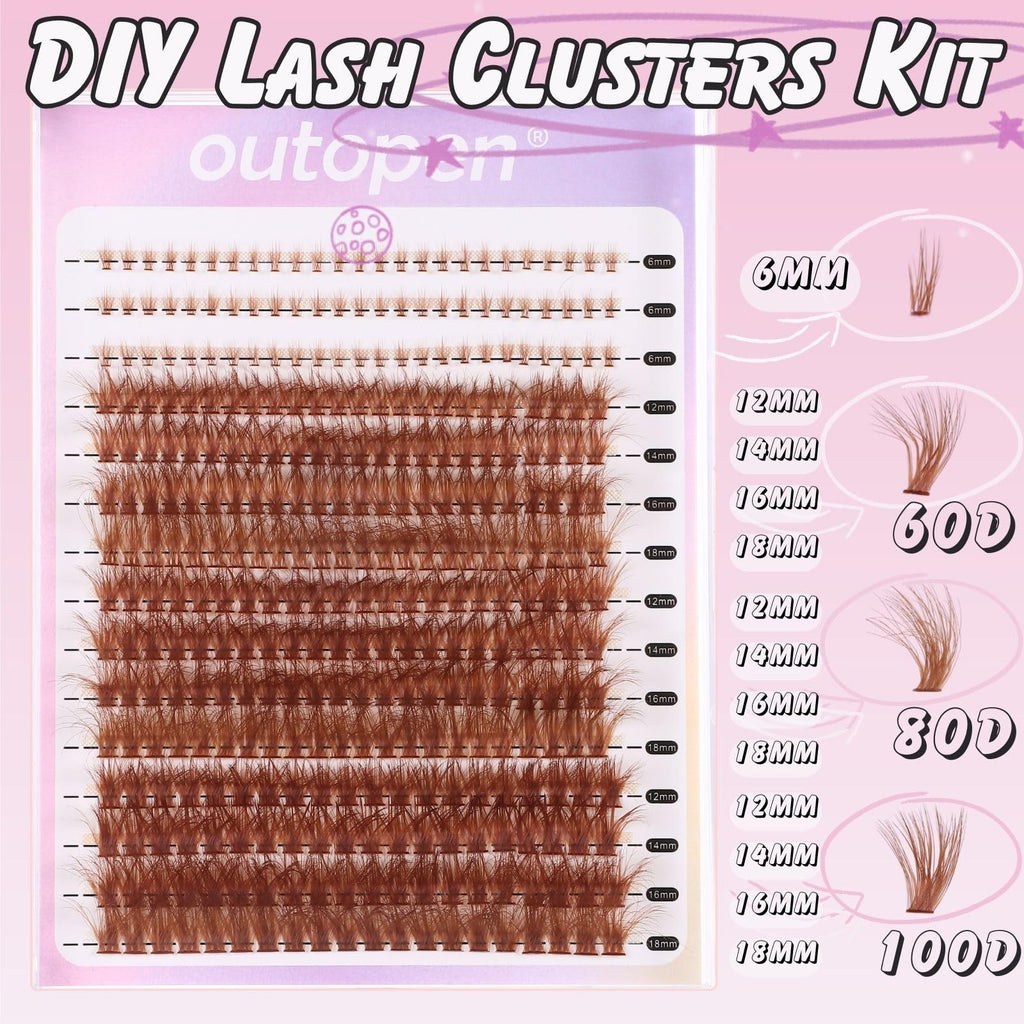 outopen Brown Lash Clusters Extension Kit – 276Pcs DIY Lash Kit with Tweezer & Glue