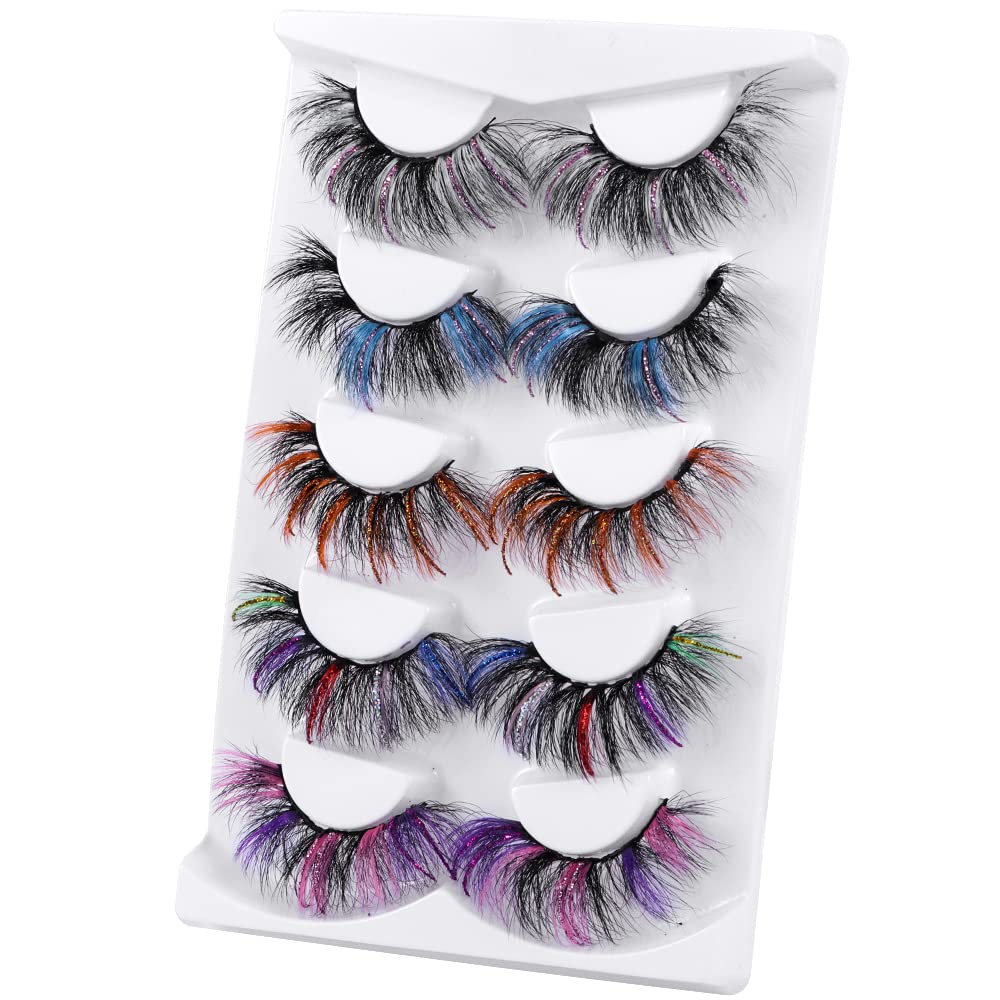 outopen 5 Pairs 20mm Glitter Lashes – Colorful Mink Lashes for Halloween, Cosplay & Party Makeup
